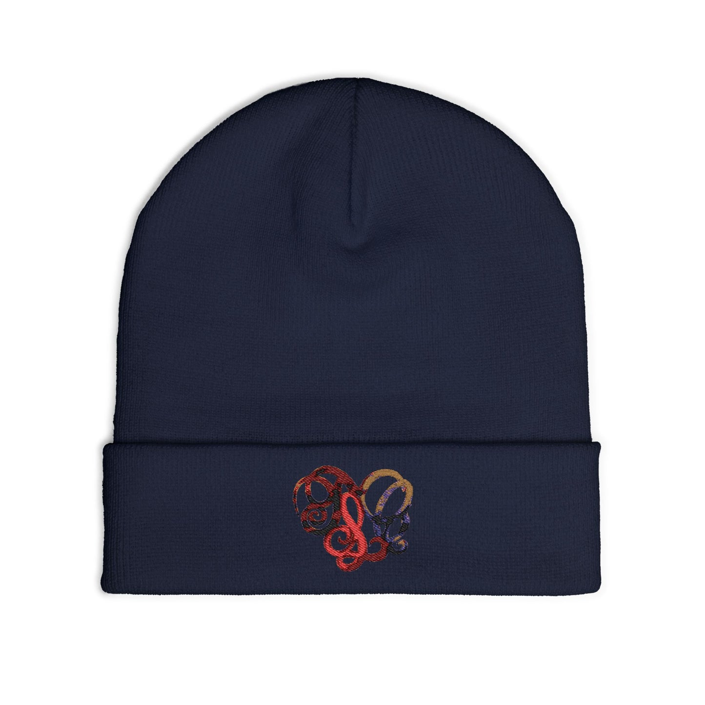 Embroidered Heart Knot Knit Beanie — Colorful Swirl Heart Winter Hat