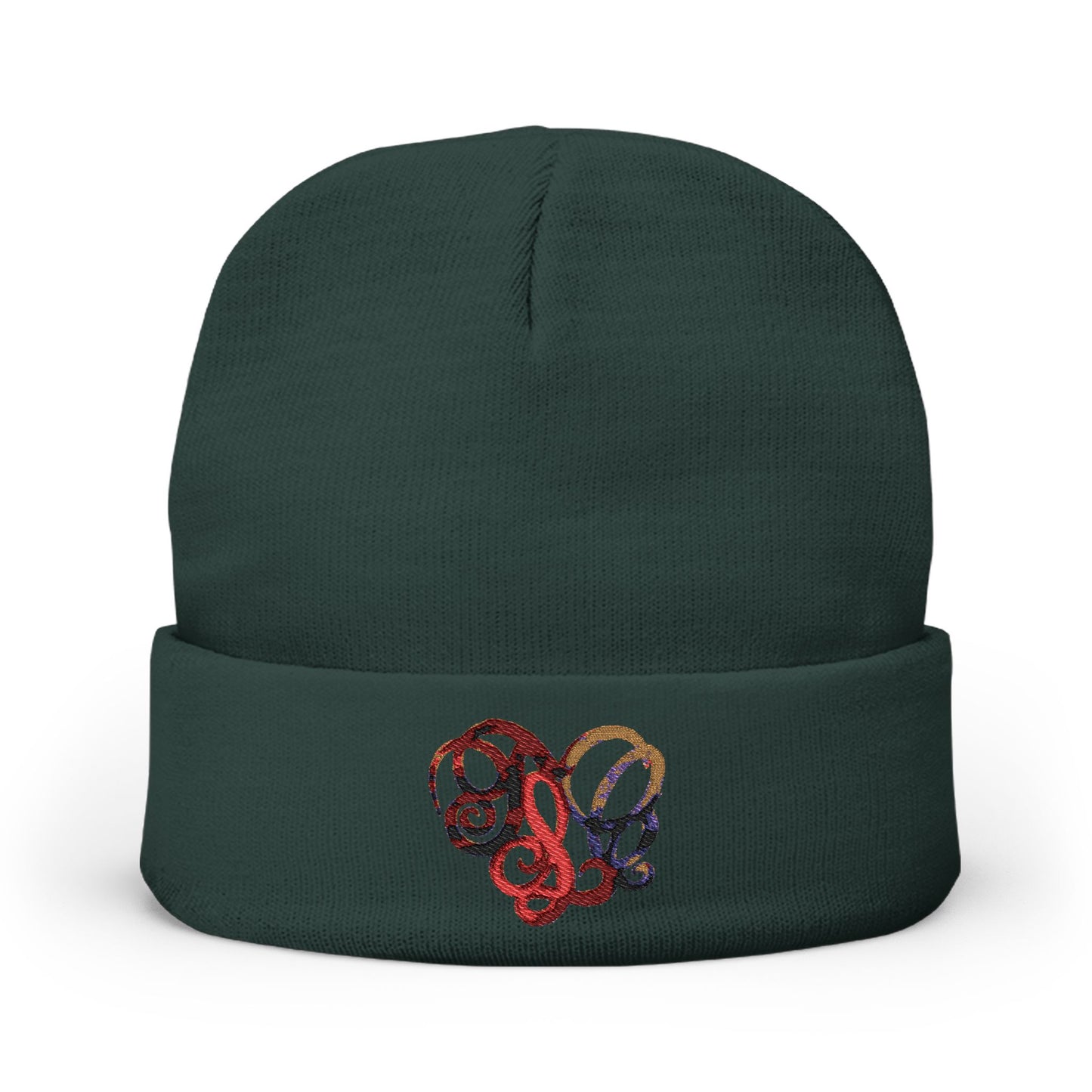 Embroidered Heart Knot Knit Beanie — Colorful Swirl Heart Winter Hat