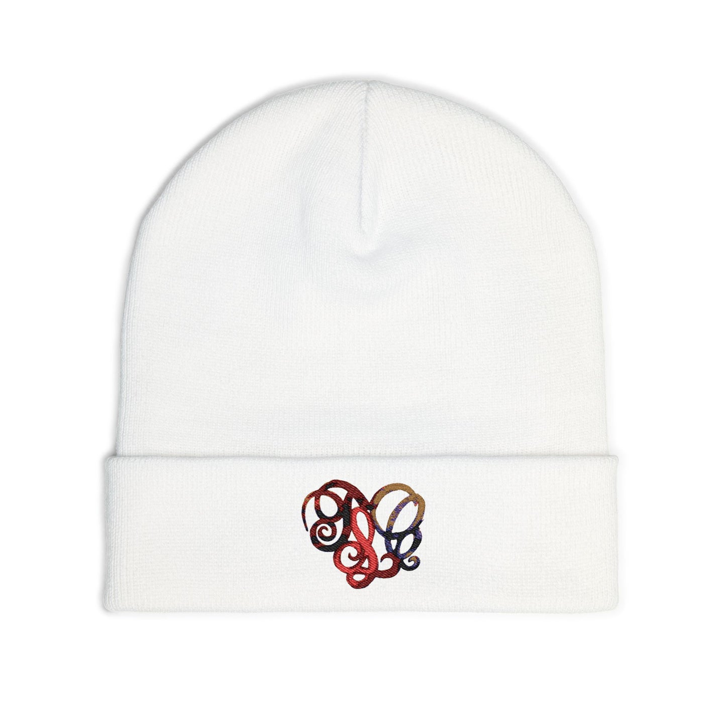 Embroidered Heart Knot Knit Beanie — Colorful Swirl Heart Winter Hat