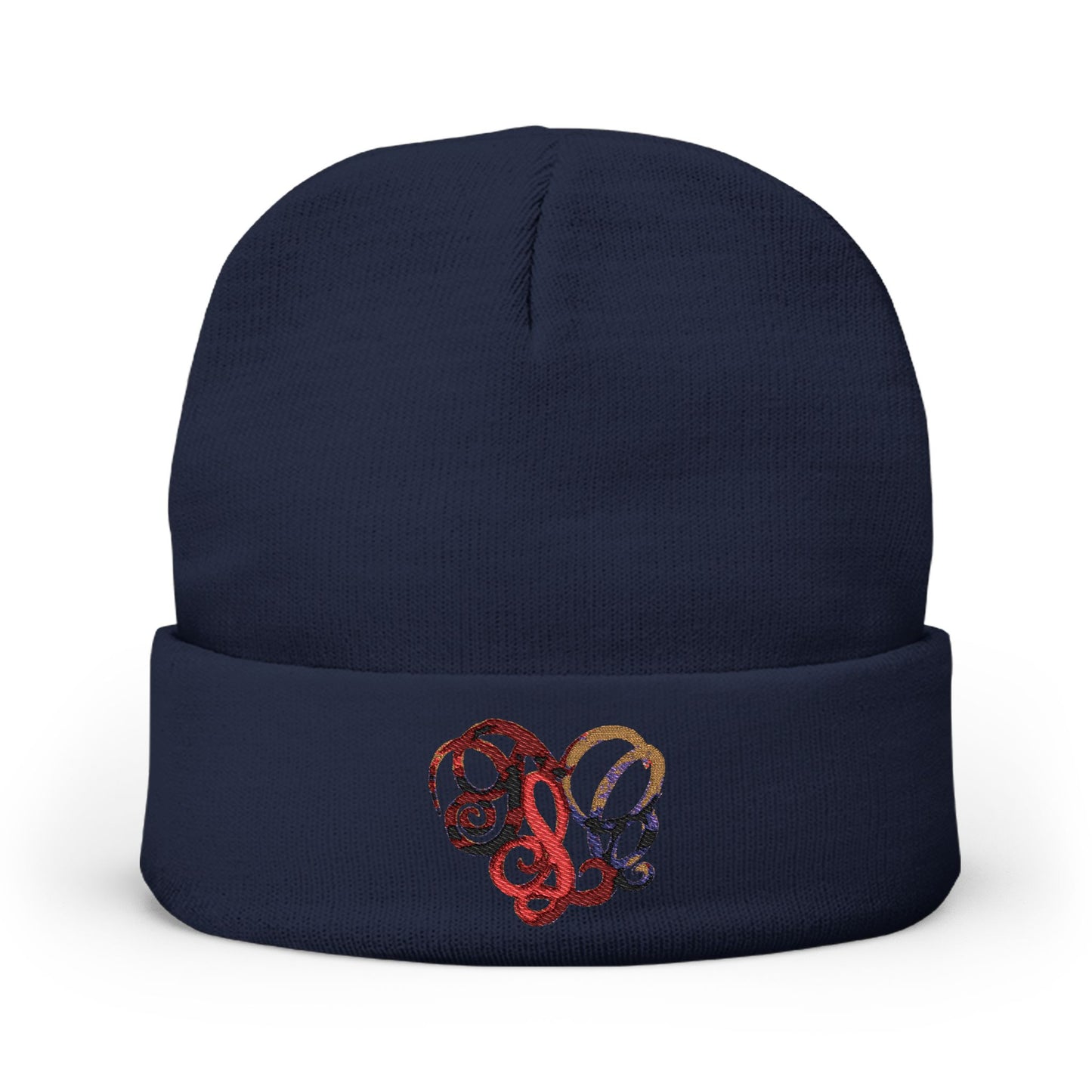 Embroidered Heart Knot Knit Beanie — Colorful Swirl Heart Winter Hat