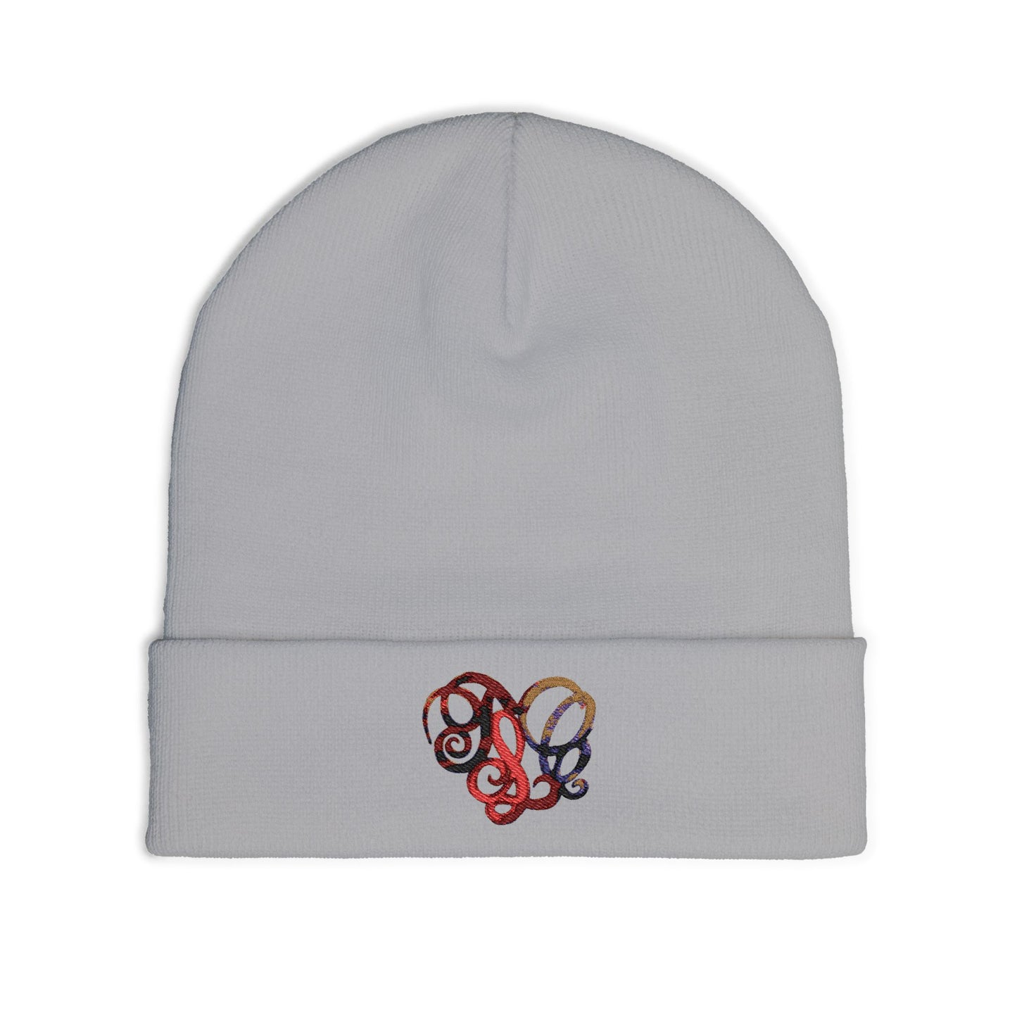 Embroidered Heart Knot Knit Beanie — Colorful Swirl Heart Winter Hat