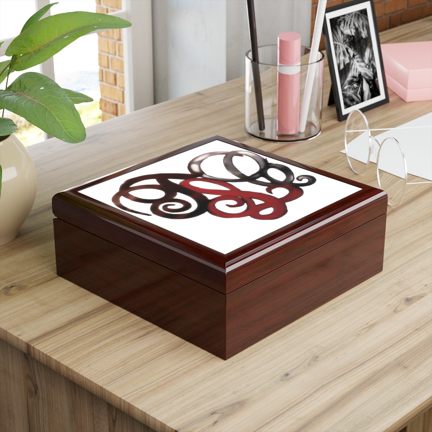 Monogram Heart Jewelry Box — Elegant Red & Black Swirl Trinket Case