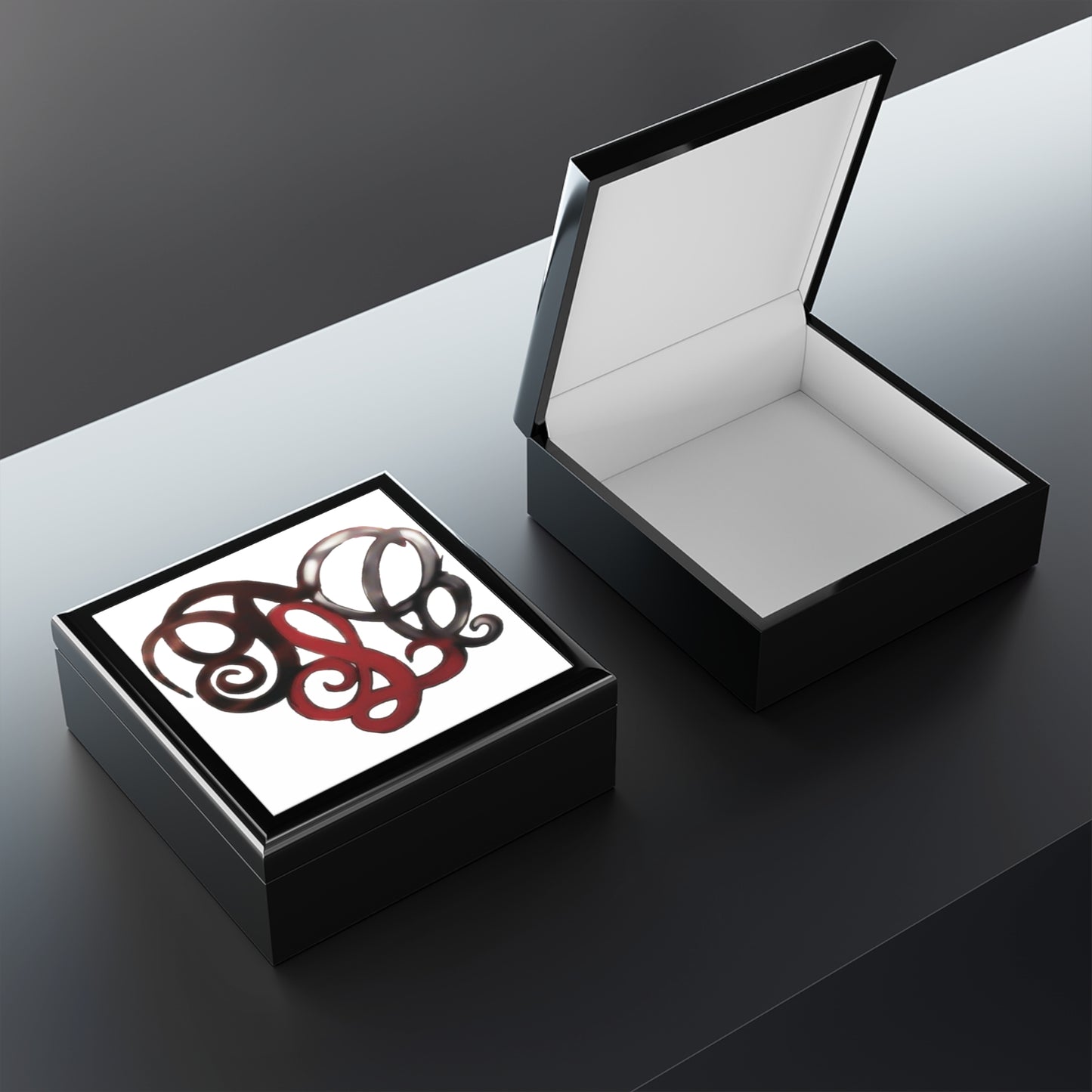 Monogram Heart Jewelry Box — Elegant Red & Black Swirl Trinket Case