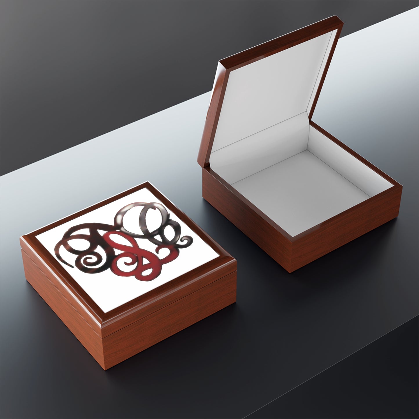Monogram Heart Jewelry Box — Elegant Red & Black Swirl Trinket Case