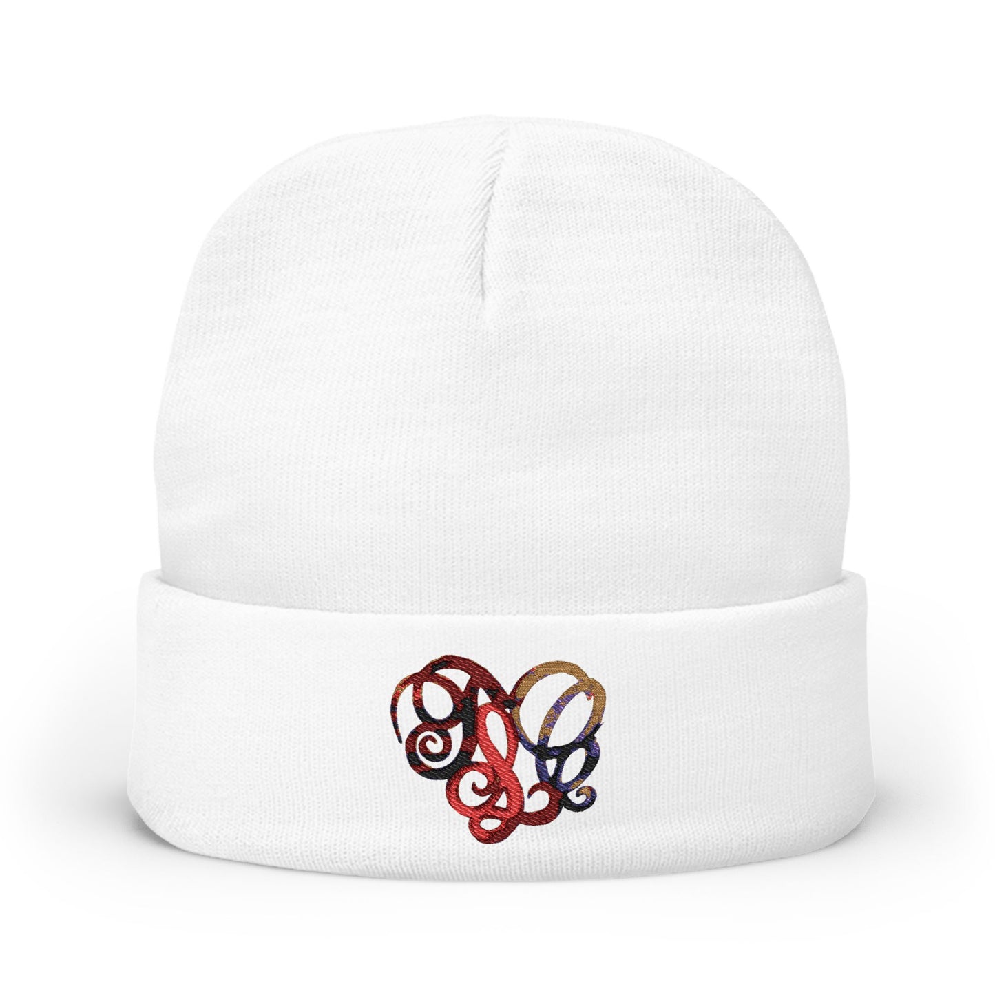 Embroidered Heart Knot Knit Beanie — Colorful Swirl Heart Winter Hat