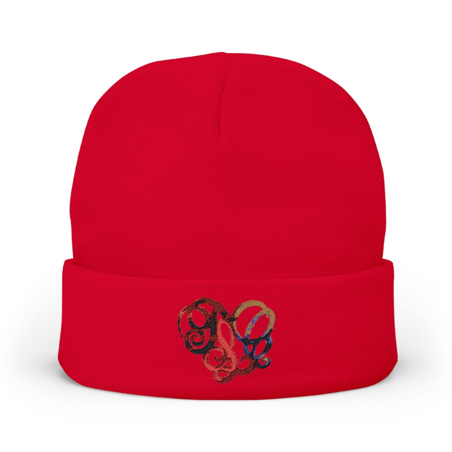 Embroidered Heart Knot Knit Beanie — Colorful Swirl Heart Winter Hat