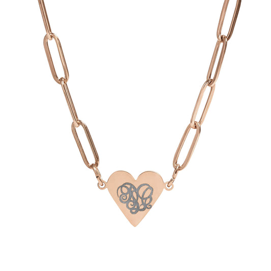 Heart Paperclip Necklace — Engraved Monogram Heart Pendant