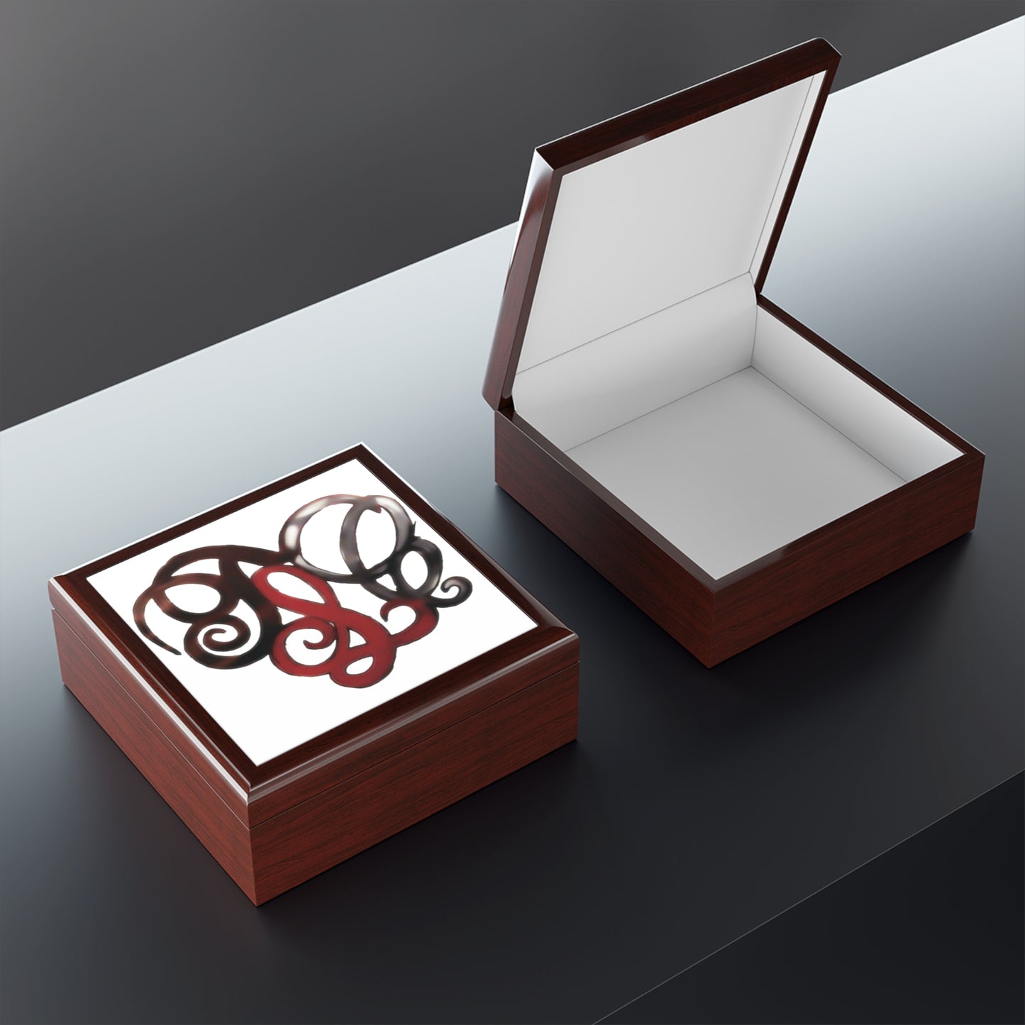 Monogram Heart Jewelry Box — Elegant Red & Black Swirl Trinket Case