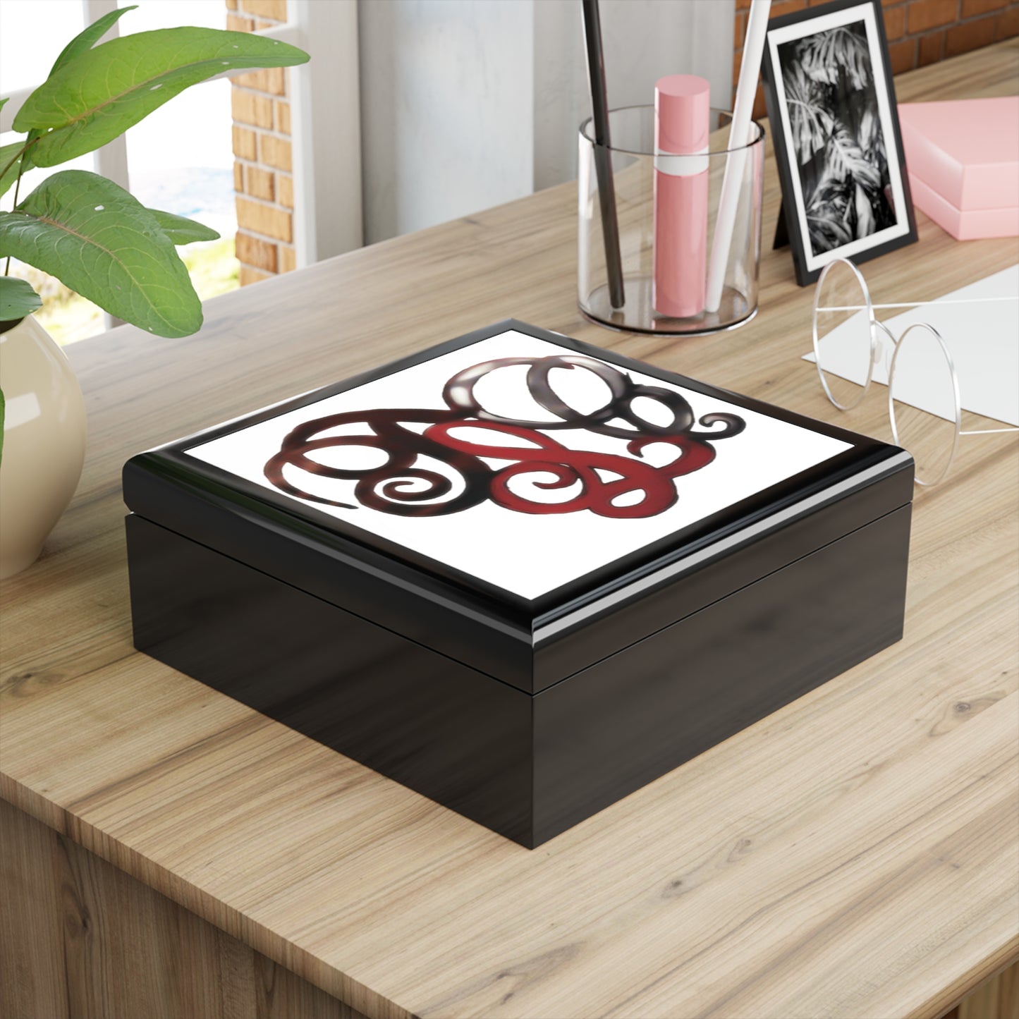 Monogram Heart Jewelry Box — Elegant Red & Black Swirl Trinket Case