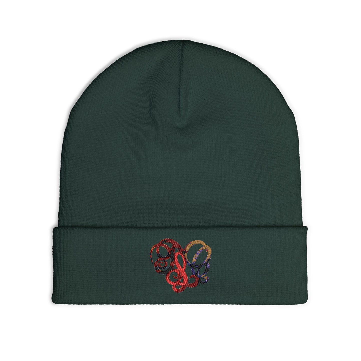 Embroidered Heart Knot Knit Beanie — Colorful Swirl Heart Winter Hat