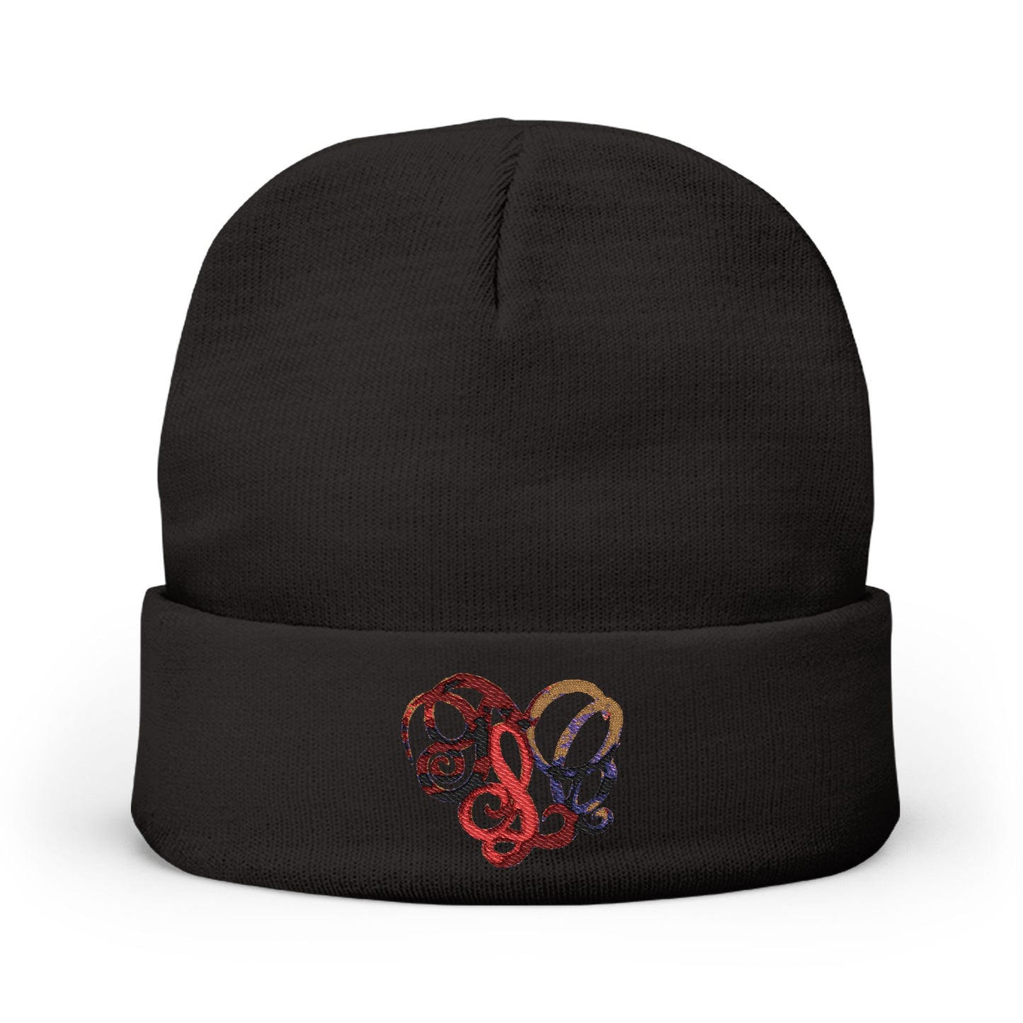 Embroidered Heart Knot Knit Beanie — Colorful Swirl Heart Winter Hat