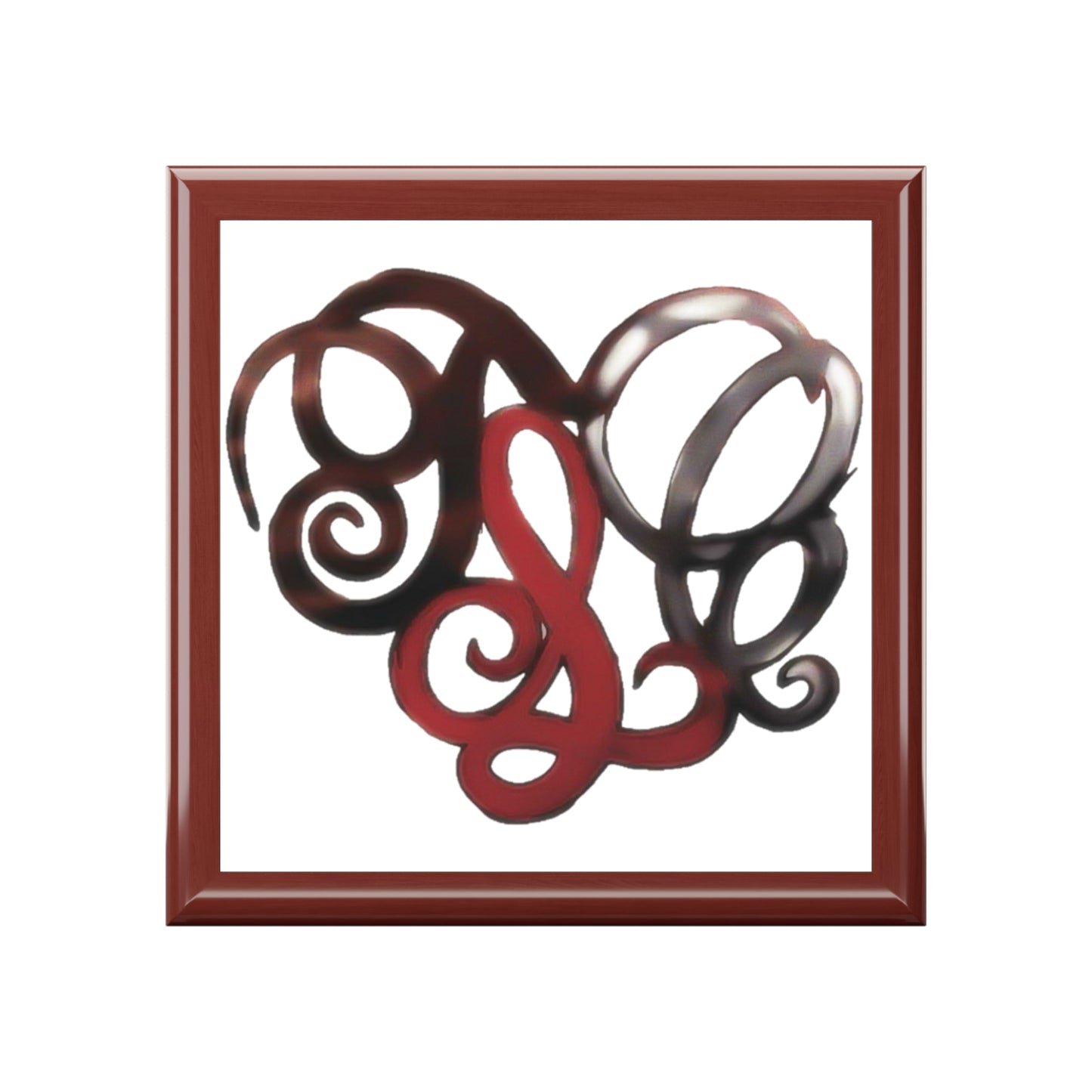Monogram Heart Jewelry Box — Elegant Red & Black Swirl Trinket Case
