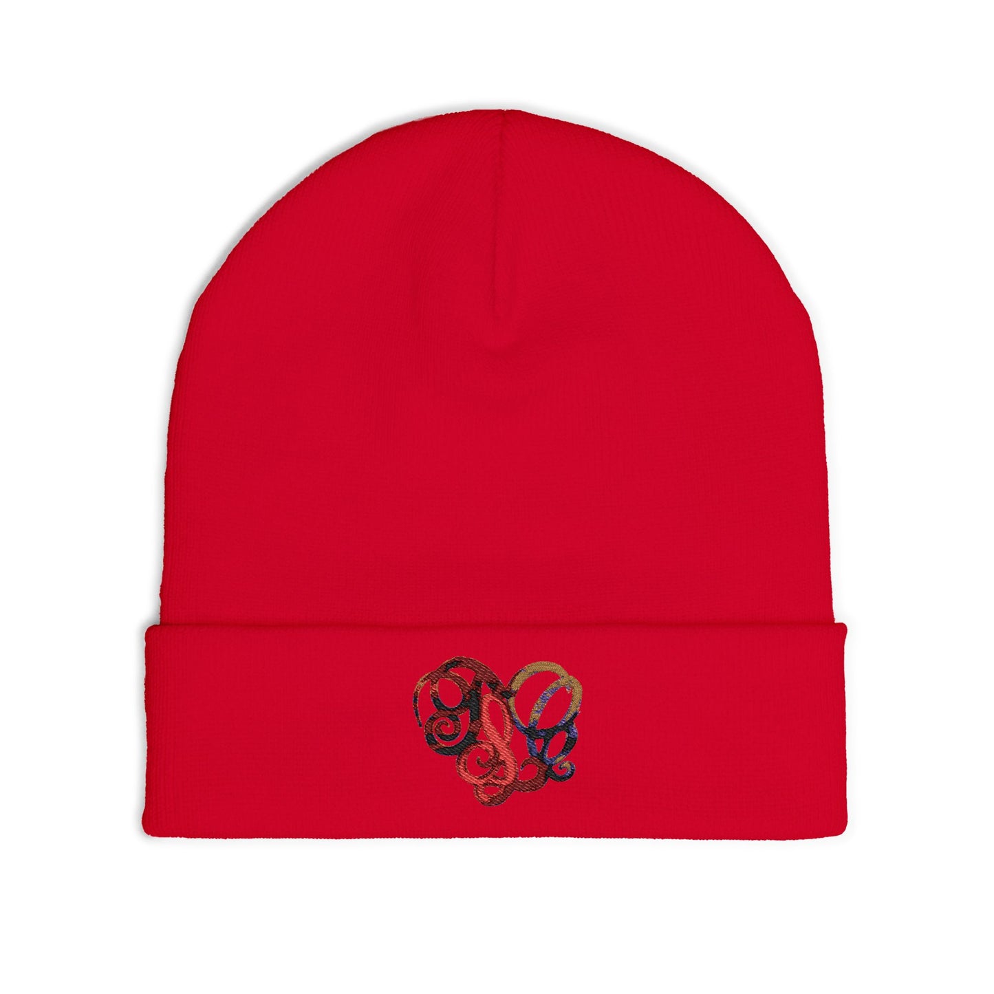 Embroidered Heart Knot Knit Beanie — Colorful Swirl Heart Winter Hat
