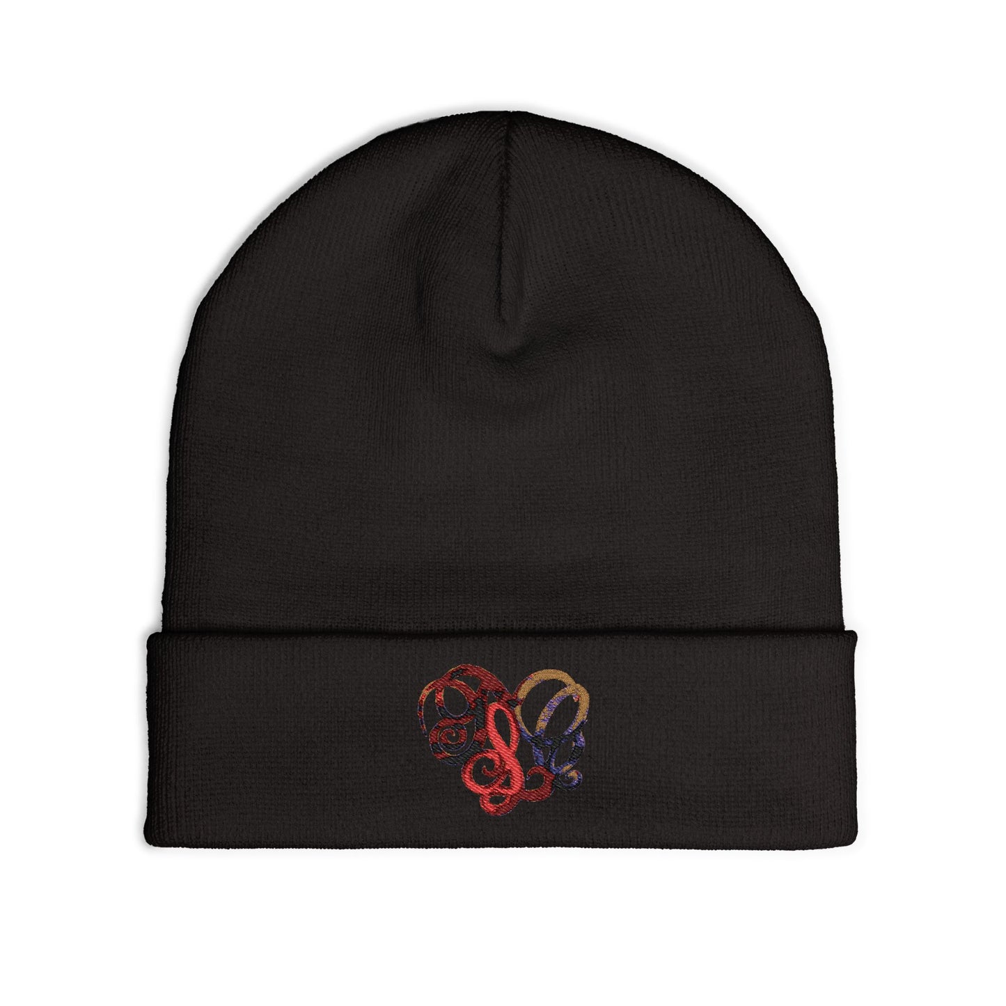 Embroidered Heart Knot Knit Beanie — Colorful Swirl Heart Winter Hat