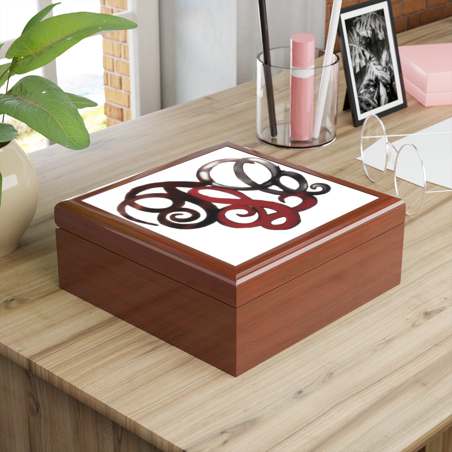 Monogram Heart Jewelry Box — Elegant Red & Black Swirl Trinket Case