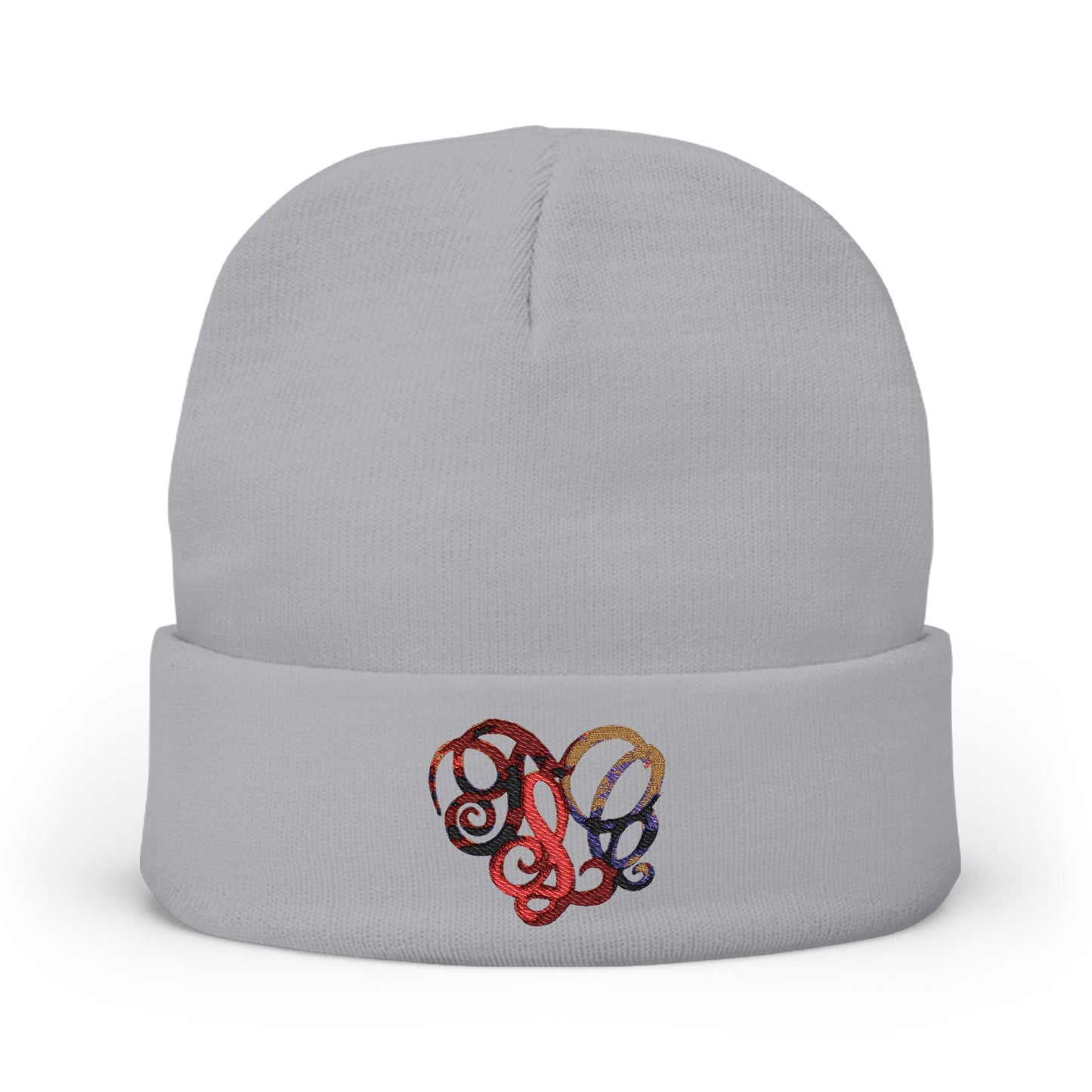 Embroidered Heart Knot Knit Beanie — Colorful Swirl Heart Winter Hat