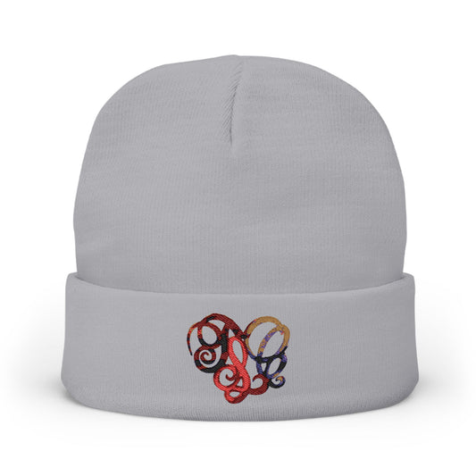Embroidered Heart Knot Knit Beanie — Colorful Swirl Heart Winter Hat